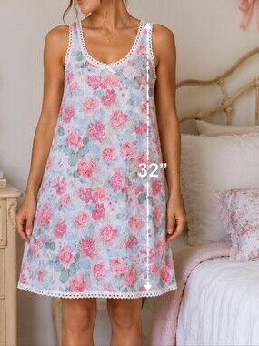 Vintage Carriage Court Floral Rose Print Nightgown M Cottagecore Eyelet Lace
